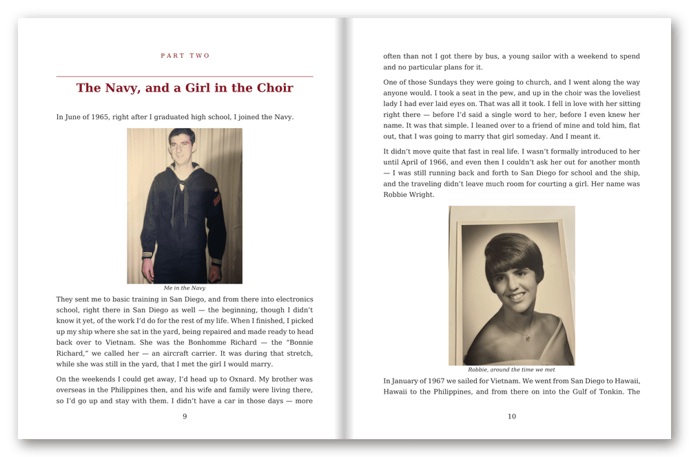 A two-page spread from inside Ken Baker's printed memoir &mdash; the chapter about meeting Robbie.